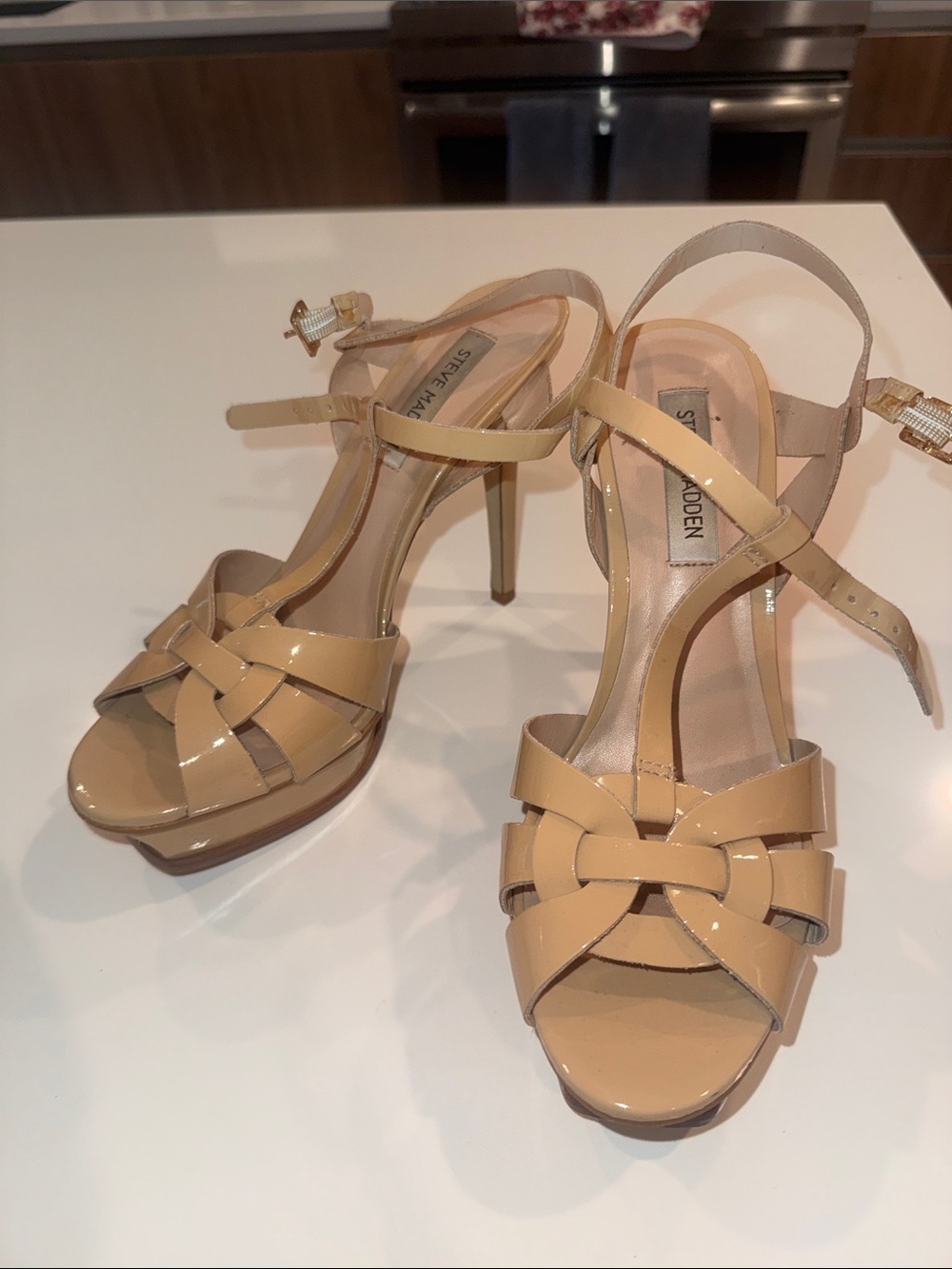 Steve Madden Beige Patent Leather Strappy High Heels